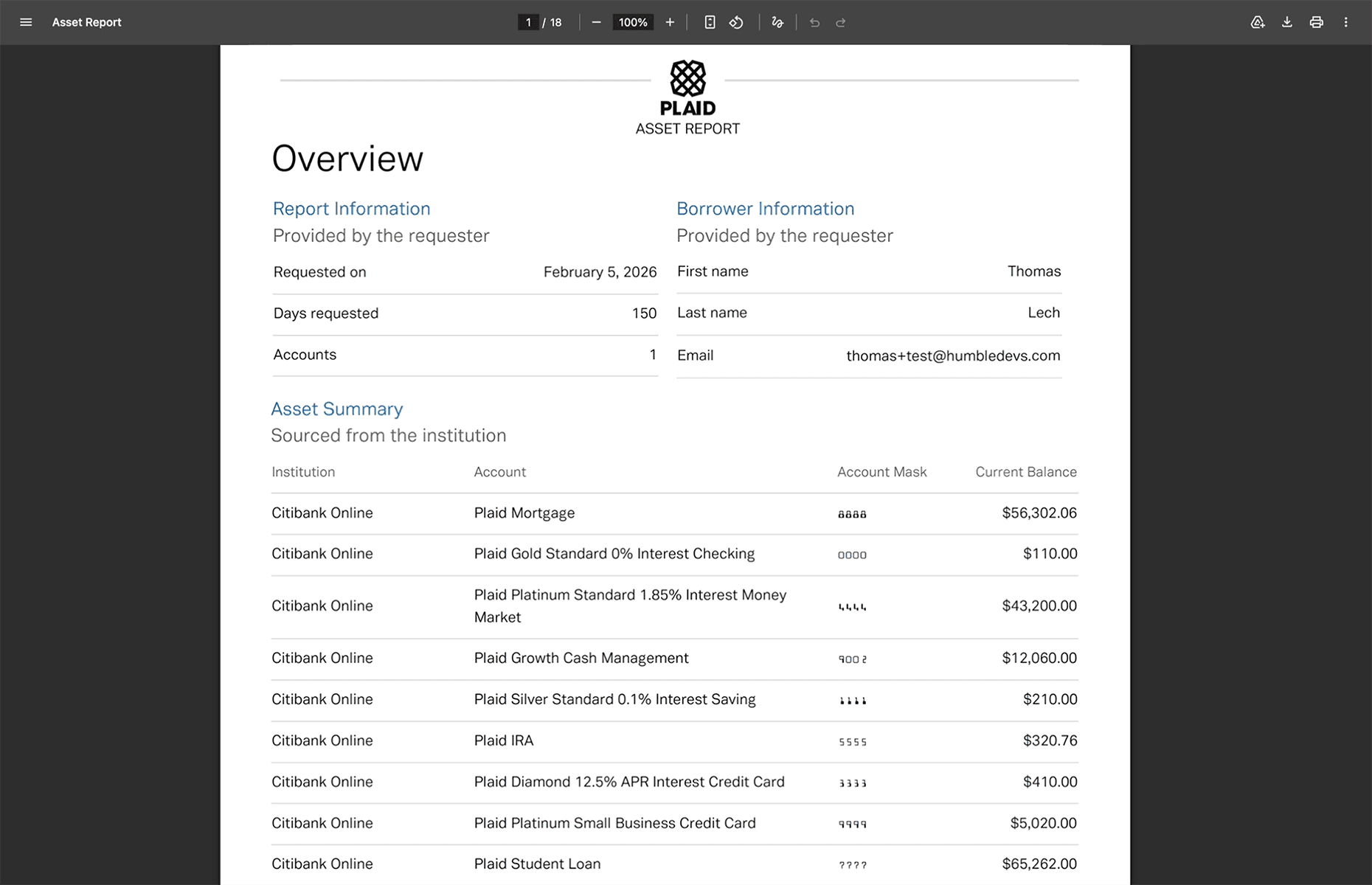 Plaid Asset Report PDF preview