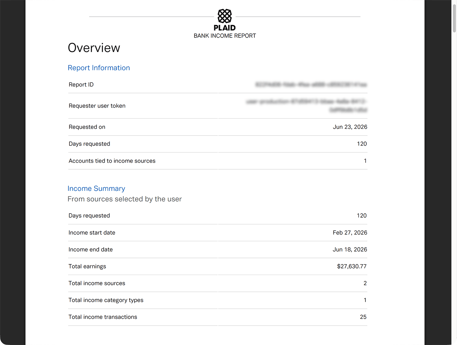 Plaid bank income report PDF