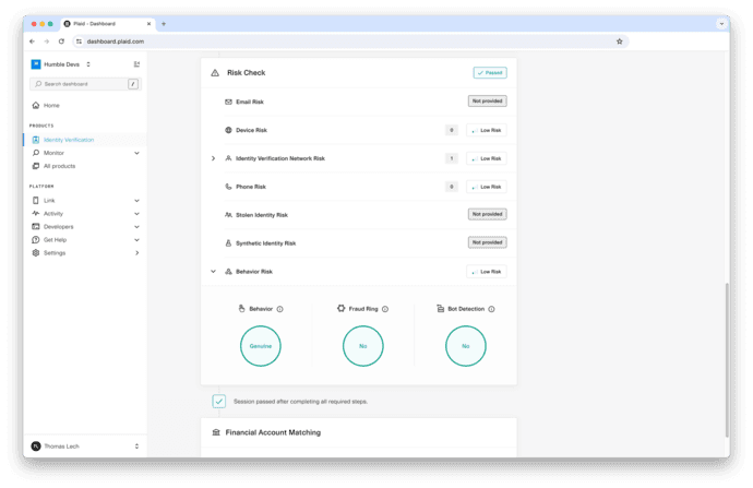 Plaid Dashboard Risk Check