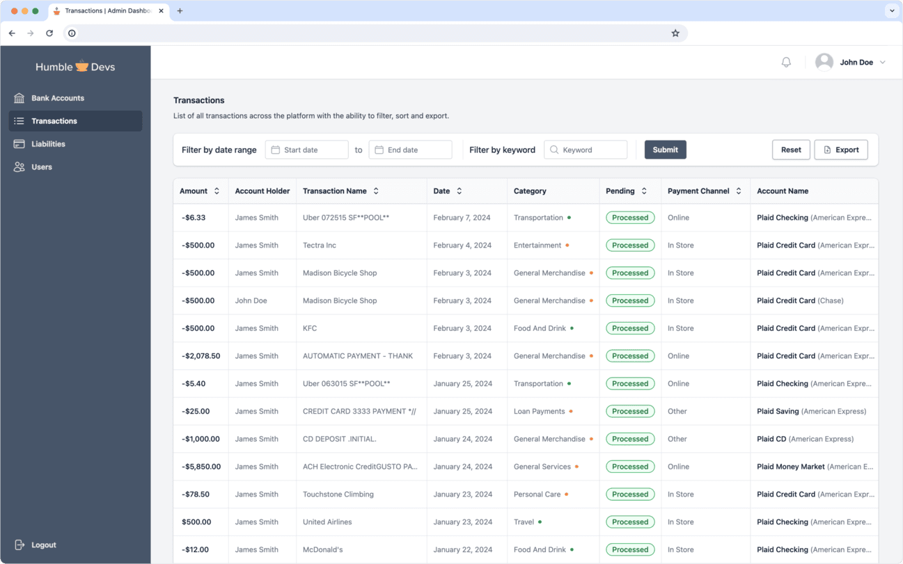 Admin transactions