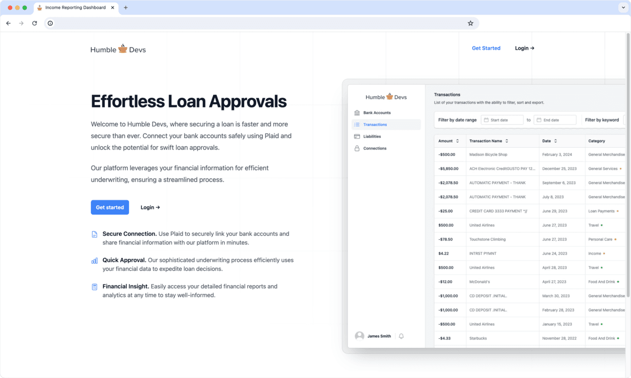 Income dashboard landing page