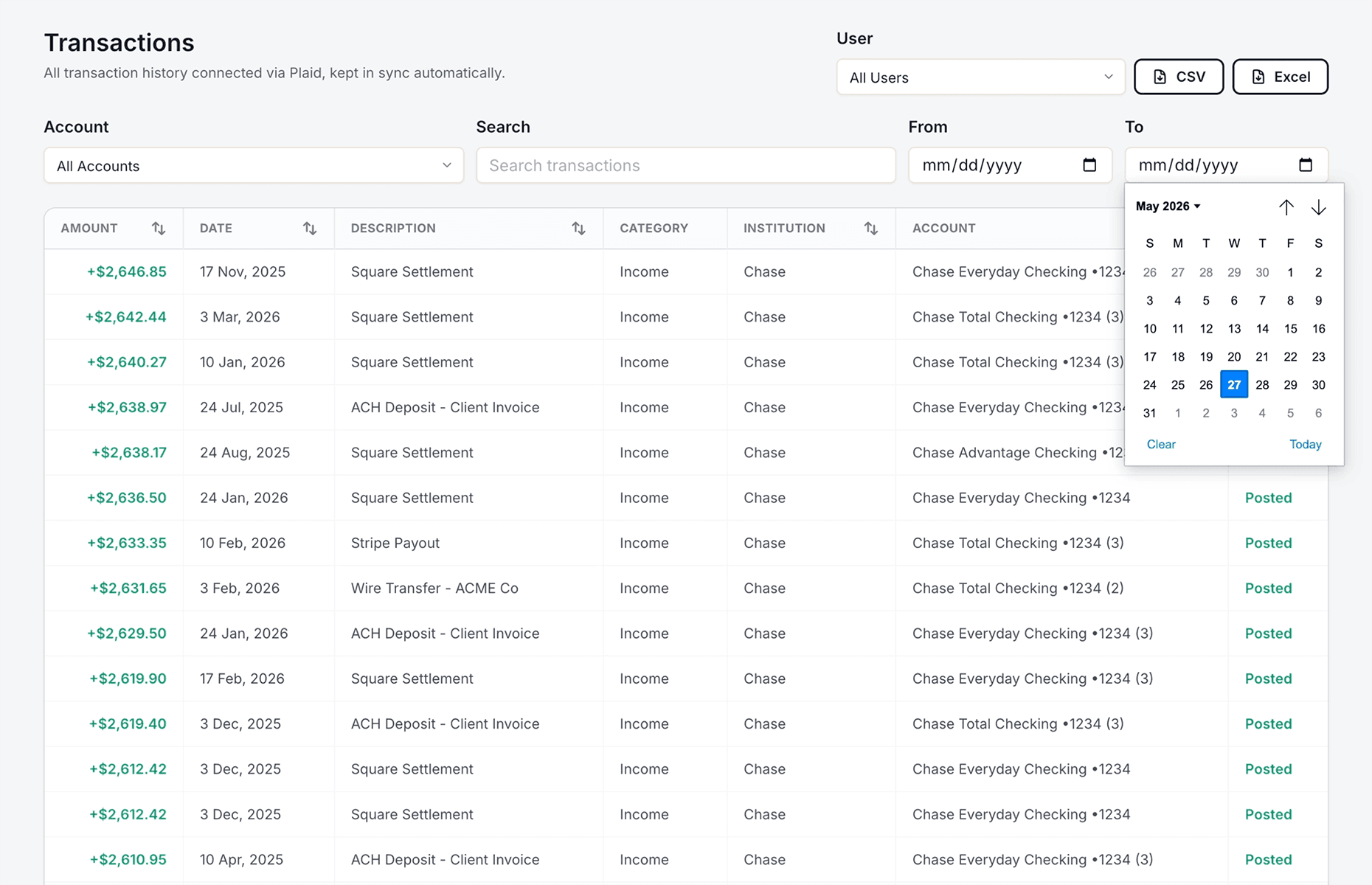 Income dashboard admin transactions view for income verification