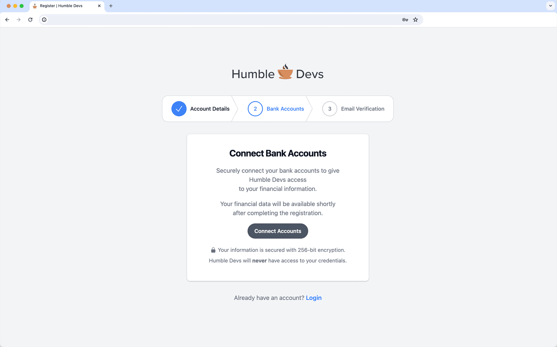 Bank accounts connection screen